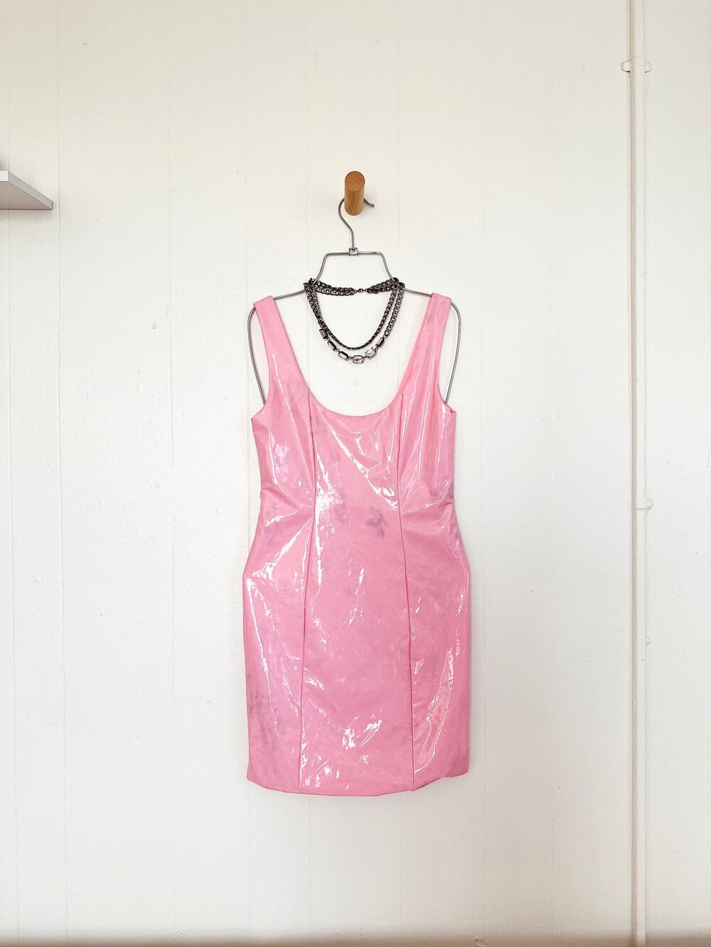 Hello Molly Pink Faux Leather Patent Mini Dress Scoop Neck Bodycon S
